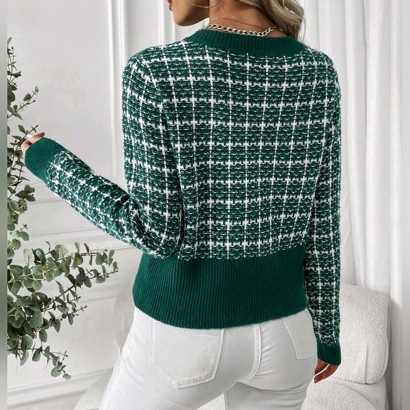 * New Chic Plaid Tweed Knit Cardigan Sweater Dark Green White - Picture 4 of 10